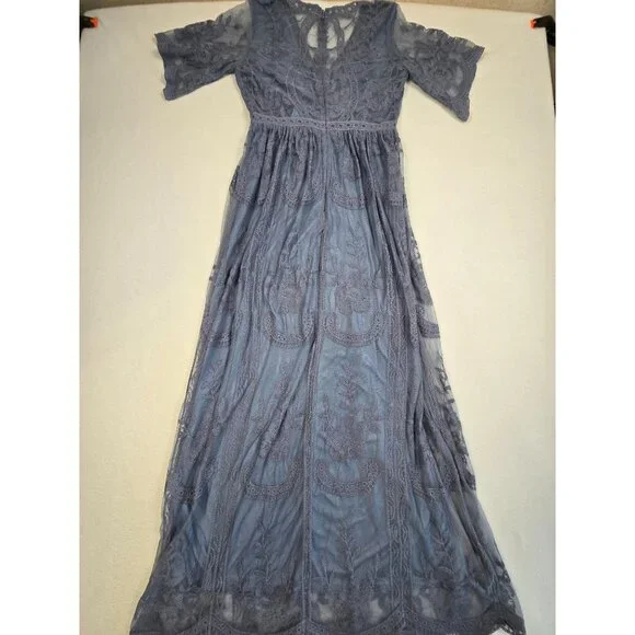 PinkBlush Blue Lace Mesh Overlay Maxi Dress Small Boho Fairy Feminine Empire Wai - Picture 6 of 8